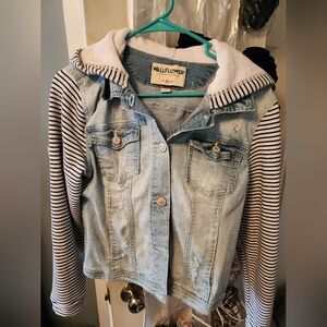 Gently Used jean jacket w fleece lined hood and sleeves